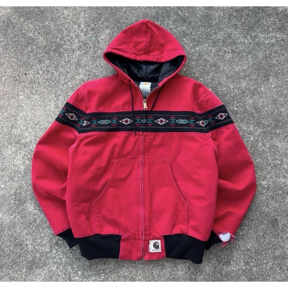 vintage 90's carhartt j78 red aztec active jacket in red size large